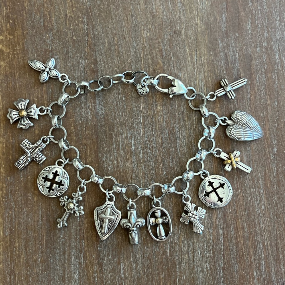 Brighton Silver Charm Bracelet with Cross and Heart Details